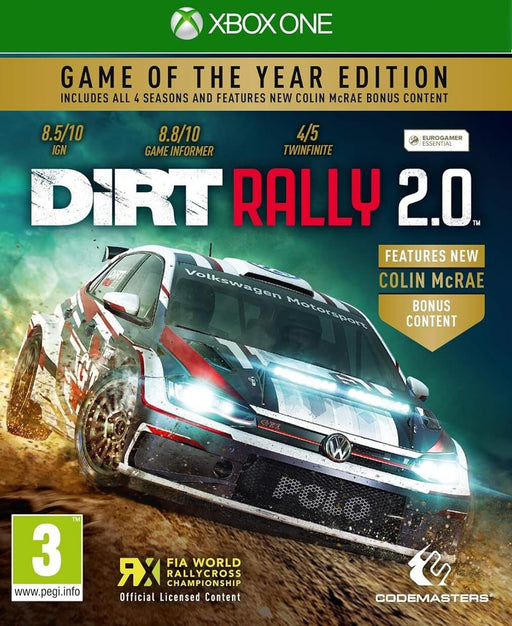 Cover art of DiRT Rally 2.0 Game of the Year Edition for Xbox One and Xbox Series X|S, featuring a Volkswagen Polo rally car speeding through a dirt track. Purchase the digital key at RushGame.co for instant activation