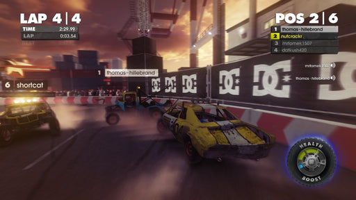 gameplay image - Action-packed race in DiRT Showdown, with a yellow and black muscle car colliding with an opponent on a street circuit. The leaderboard shows live rankings, while the setting features an industrial-themed demolition arena. Buy your Steam key today at RushGame.co