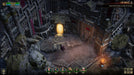 Gameplay screen - A gameplay screenshot from Disciples: Liberation on PC Steam, showcasing a dark gothic fortress with a glowing golden portal at the entrance. The player character stands before the temple, ready to advance. Buy the game key at RushGame.co