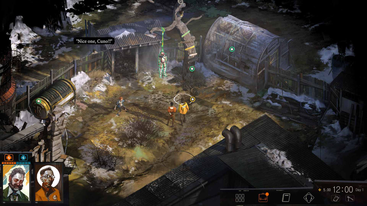 Gameplay scene from Disco Elysium - The Final Cut, featuring an investigation site with a hanged body and characters interacting in an open-world, narrative-driven RPG experience. Get your digital game key at RushGame.co