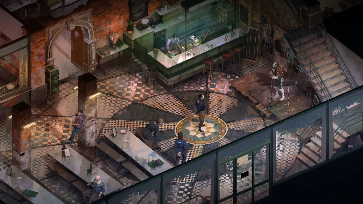 Gameplay screenshot - Inside the Disco Elysium - The Final Cut world, showing a detailed isometric view of the Whirling-in-Rags tavern, filled with NPCs and interactive elements. Available now as a GOG CD key at RushGame.co