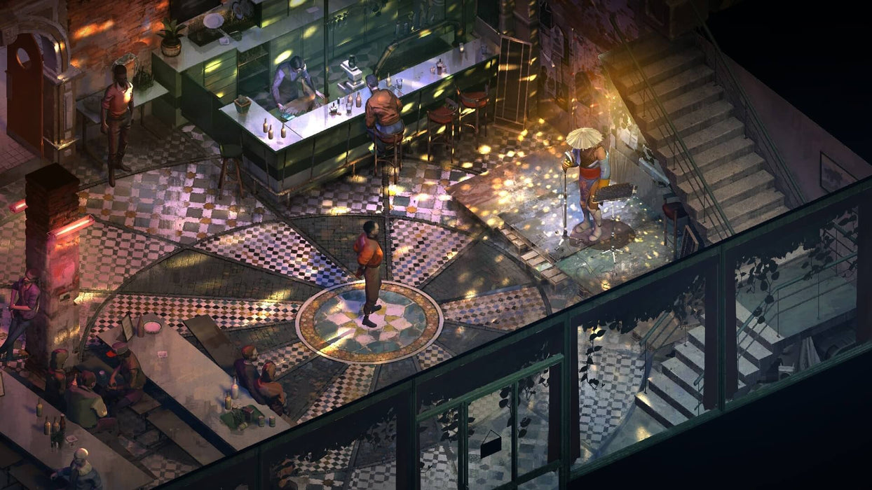 Gameplay screen - An atmospheric urban scene in Disco Elysium - The Final Cut, showing characters standing outside a neon-lit bar, "Whirling-in-Rags," on a snowy evening. Dive into a rich, narrative-driven experience—available at RushGame.co