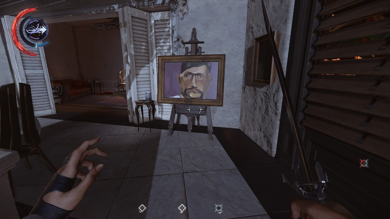 gameplay screenshot -  A richly detailed interior in Dishonored 2, featuring a painting on an easel in a lavishly furnished room. Get your activation code at RushGame.co