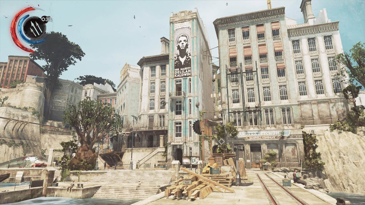 Game screenshot - The grand streets of Karnaca in Dishonored 2, with a massive propaganda banner of Delilah Kaldwin hanging over the city. Purchase your game key at RushGame.co