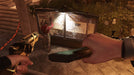 gameplay screenshot - A stealthy takedown moment in Dishonored 2, where the protagonist holds a golden gun and blade while observing a guard. Buy your PC GOG key at RushGame.co