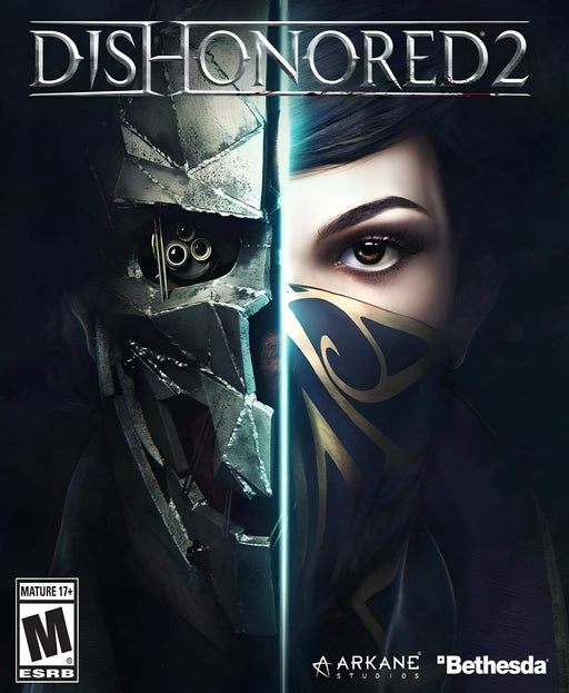  Official cover of Dishonored 2, featuring Emily Kaldwin and Corvo Attano split between their masked and unmasked forms. Get your digital key instantly at RushGame.co