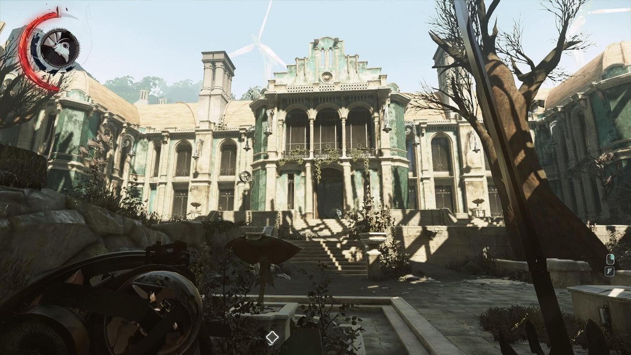 Gameplay screenshot - A stunning outdoor location in Dishonored 2 for PC Steam, depicting a grand, abandoned mansion overtaken by nature. Experience this award-winning stealth-adventure by purchasing a digital key at RushGame.co