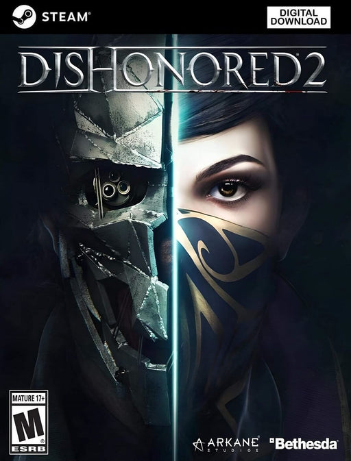 Cover art of Dishonored 2 for PC Steam, featuring a striking split design with Corvo Attano’s mask on one side and Emily Kaldwin’s intense gaze on the other. Buy your Dishonored 2 CD key at RushGame.co for instant digital delivery and an immersive stealth-action experience