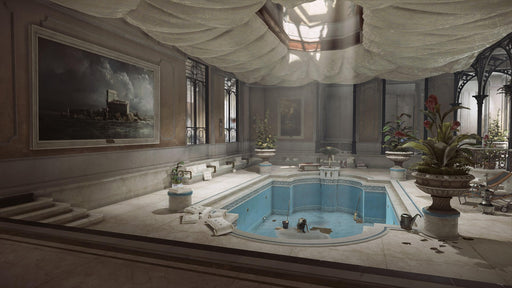 Gameplay screenshot - An opulent yet decayed interior in Dishonored 2 on Xbox One, showcasing a grand indoor pool with abandoned furniture and luxurious decor. Explore Karnaca’s mysteries by purchasing a Dishonored 2 Xbox One CD key at RushGame.co