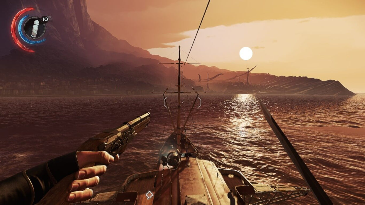 Gameplay image - A breathtaking sunset view in Dishonored 2 for Xbox One, with the protagonist holding a gun while sailing towards a mysterious industrial city. Unlock this immersive world with a Dishonored 2 Xbox One CD key from RushGame.co