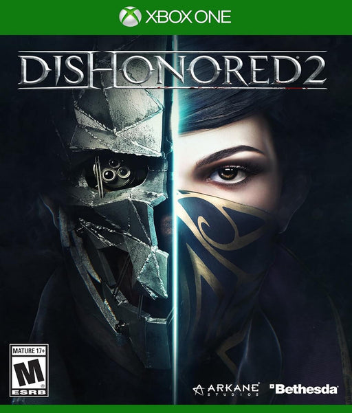 Cover art of Dishonored 2 for Xbox One, featuring Corvo Attano’s mask and Emily Kaldwin’s piercing gaze in a split design. Purchase your Dishonored 2 Xbox One CD key at RushGame.co for an unforgettable stealth-action adventure