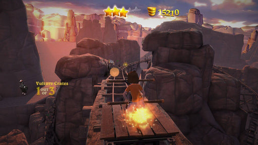 Thrilling gameplay screenshot from Disneyland Adventures on Xbox, where a player navigates a wooden bridge through a canyon while collecting coins and completing challenges. Get your Disneyland Adventures Xbox digital key at RushGame.co for an interactive Disney adventure