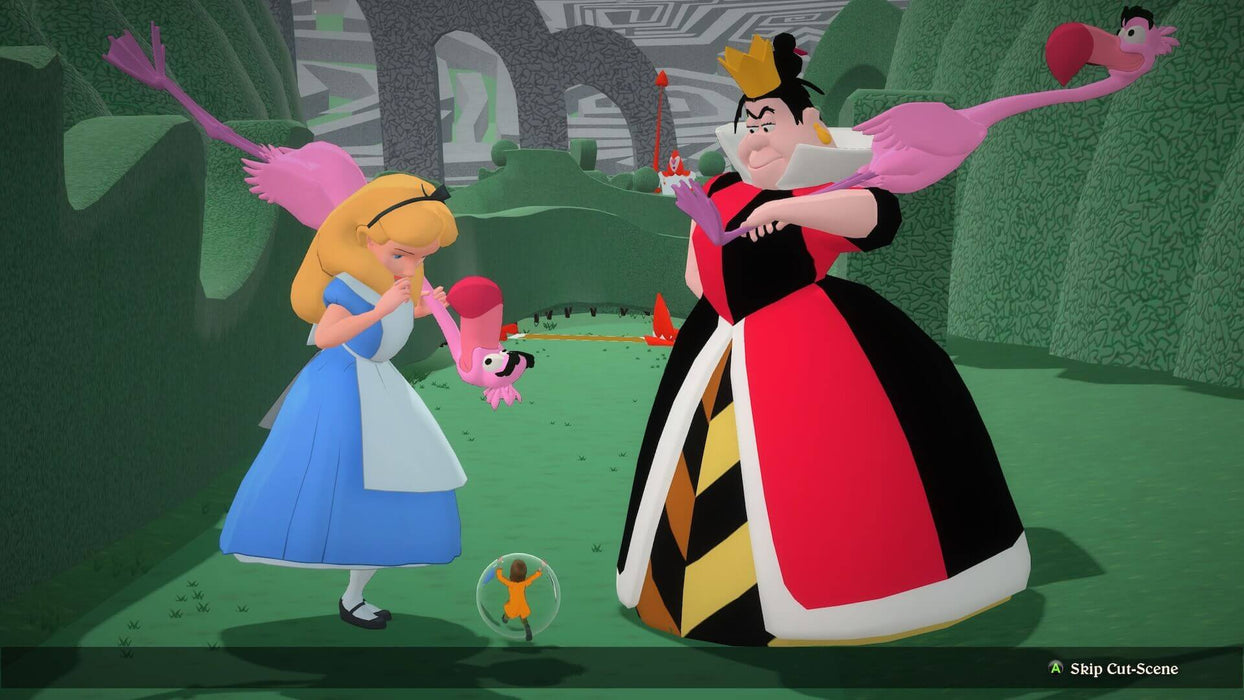 Gameplay screenshot - Alice from Alice in Wonderland and the Queen of Hearts in a playful cutscene from Disneyland Adventures on Xbox. Relive classic Disney moments with a Disneyland Adventures Xbox One and Series X/S digital key from RushGame.co