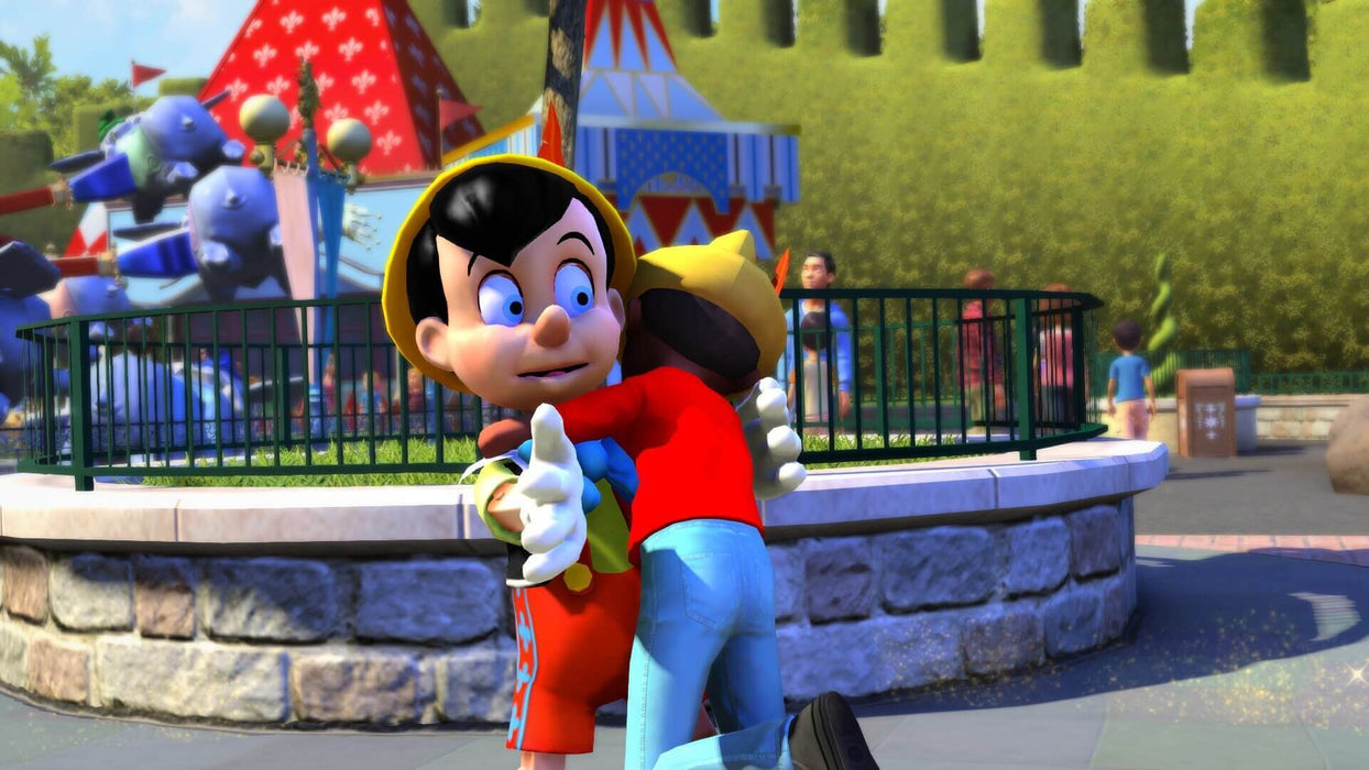 In-game screenshot from Disneyland Adventures on Xbox, showing Pinocchio hugging a child in a colorful amusement park setting. Experience the magic of Disneyland from home with a digital key from RushGame.co