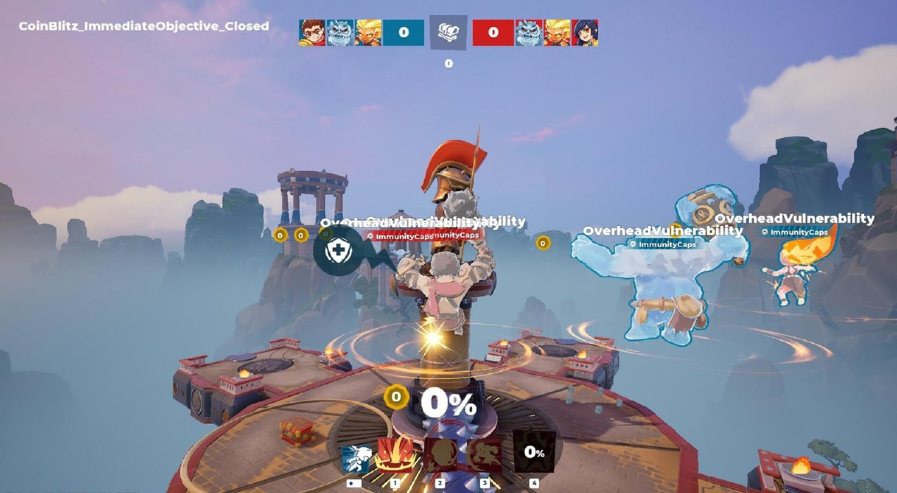 Gameplay screenshot from Divine Knockout on PC Epic Games, showcasing a battle in a floating arena with characters mid-air, using unique mythological abilities. Unlock action-packed combat with a DKO CD key from RushGame.co