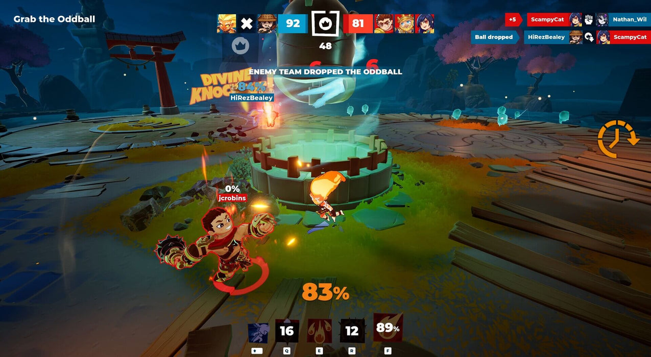 Gameplay screen - Exciting in-game battle from Divine Knockout (DKO) on PC Epic Games, showing a fast-paced 3D platform brawler match with bright effects and intense combat. Buy your DKO CD key at RushGame.co and fight as legendary deities.