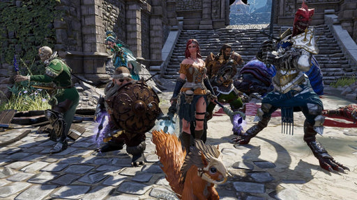 Divinity: Original Sin 2 Definitive Edition Party Screenshot – A group of adventurers from Divinity: Original Sin 2 Definitive Edition stands in a fortified area, showcasing various character classes and their unique appearances. Available for PC on GOG, purchase your key at RushGame.co