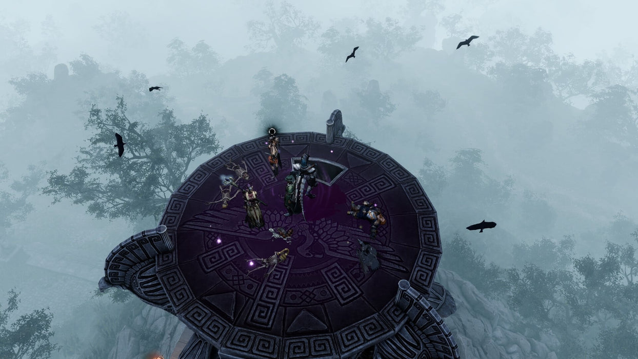Divinity: Original Sin 2 PC GOG CD Key Gameplay Screenshot – A foggy, eerie battleground high above the world, where a party of heroes stands on a circular stone platform adorned with intricate carvings. Bats fly around as the team prepares for a dark encounter. Get your Divinity: Original Sin 2 GOG key at RushGame.co