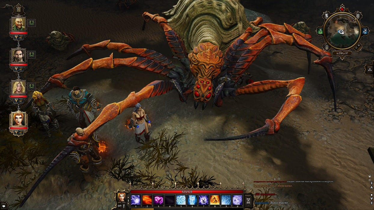 Boss fight in Divinity: Original Sin Enhanced Edition gameplay screenshot – A group of adventurers faces off against a massive, menacing spider-like creature with glowing red eyes in a dark and eerie setting. The turn-based combat system is displayed at the bottom, highlighting the game’s strategic depth. Buy Divinity: Original Sin Enhanced Edition Collector's Edition now at RushGame.co