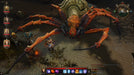Boss fight in Divinity: Original Sin Enhanced Edition gameplay screenshot – A group of adventurers faces off against a massive, menacing spider-like creature with glowing red eyes in a dark and eerie setting. The turn-based combat system is displayed at the bottom, highlighting the game’s strategic depth. Buy Divinity: Original Sin Enhanced Edition Collector's Edition now at RushGame.co