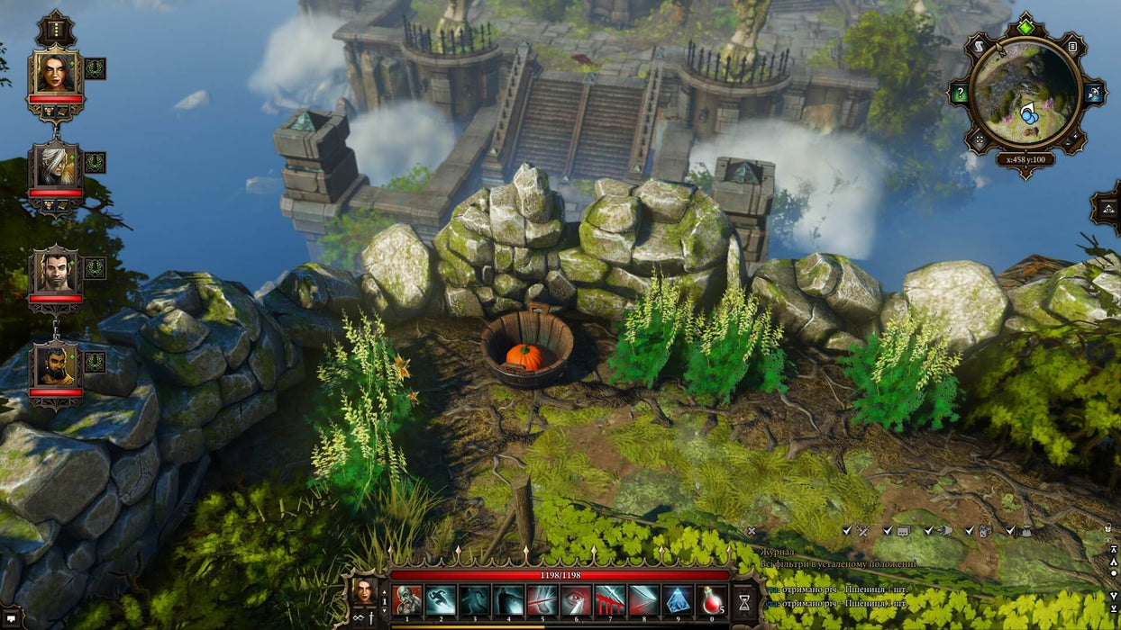Gameplay screenshot from Divinity: Original Sin Enhanced Edition – A vibrant outdoor environment from Divinity: Original Sin Enhanced Edition, showing a character navigating a lush green landscape with stone walls, blooming plants, and a pumpkin placed in a wooden bucket. Explore the world of Rivellon with this classic RPG, available at RushGame.co