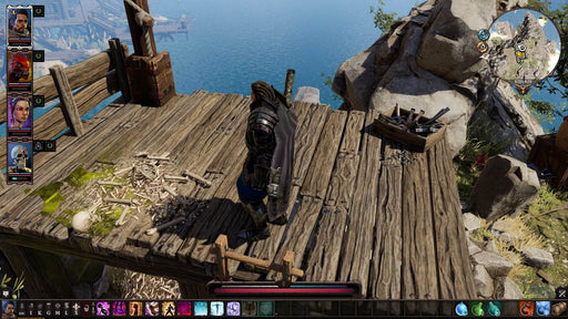 Gameplay screen - A warrior in heavy armor stands on a wooden dock, overlooking the vast blue sea in Divinity: Original Sin - The Source Saga. Bones and weapons are scattered on the planks, hinting at a dangerous encounter. Purchase this immersive RPG adventure at RushGame.co.