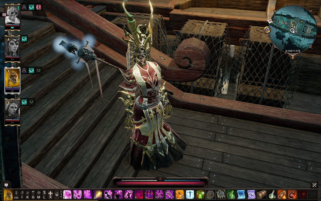 Gameplay screen - A powerful mage clad in intricate red and gold robes wields an enchanted weapon while standing on a wooden ship's deck in Divinity: Original Sin - The Source Saga. The interface displays various abilities and spells. Get your GOG CD Key now at RushGame.co