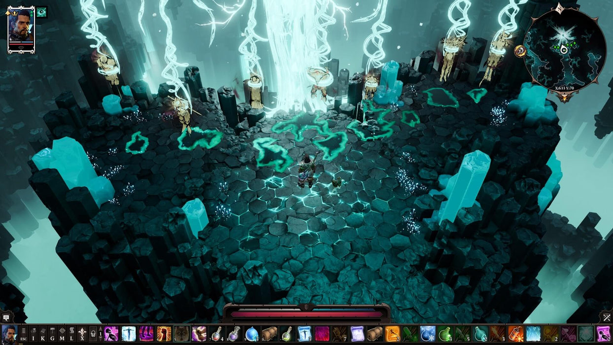 gameplay screenshot - A lone warrior faces an ethereal scene in Divinity: Original Sin - The Source Saga, surrounded by glowing blue pillars and swirling magical energy. A stunning display of fantasy RPG visuals, available now at RushGame.co
