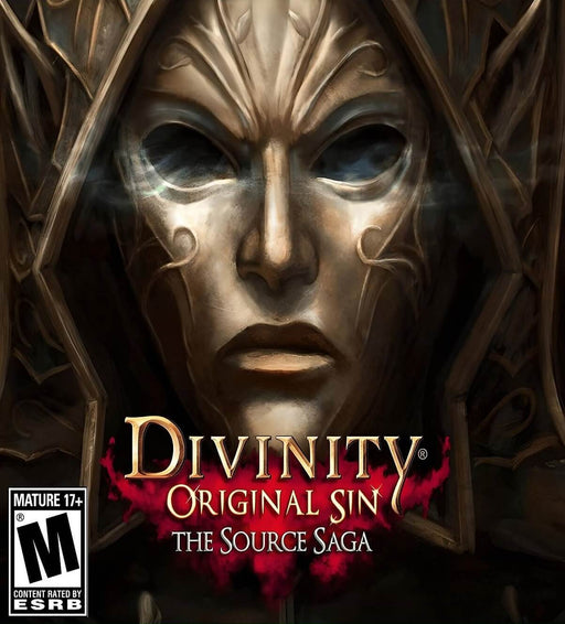 Cover art of Divinity: Original Sin - The Source Saga for PC, available as a GOG CD Key. The image features a dark, mysterious masked figure with glowing eyes, exuding an eerie presence. Buy this RPG classic now at RushGame.co