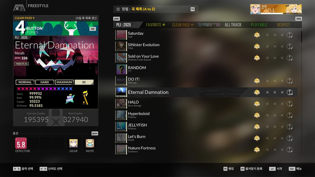 Song selection screen in DJMAX RESPECT V with 'Eternal Damnation' highlighted. The left side displays the track's BPM, difficulty levels, and best scores, while the right side shows a list of other available songs. The player’s level and profile icon are visible at the top. Buy DJMAX RESPECT V PC Steam CD Key at RushGame.co