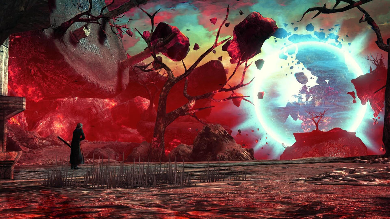 Gameplay screenshot - Infernal Landscape – A surreal and hellish environment from DmC: Devil May Cry, featuring floating rocks, crimson terrain, and a glowing blue portal in the distance. The eerie scenery hints at Dante’s journey through Limbo. Purchase the game key at RushGame.co.