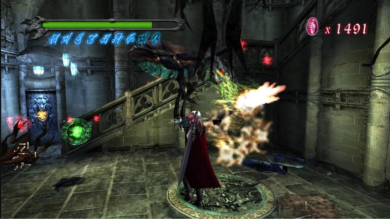 Classic Gameplay – A classic combat encounter in Devil May Cry featuring Dante in his signature red coat, fighting enemies in a gothic-styled environment. Fiery attacks and health bars are visible, adding to the fast-paced action. Get your digital key at RushGame.co