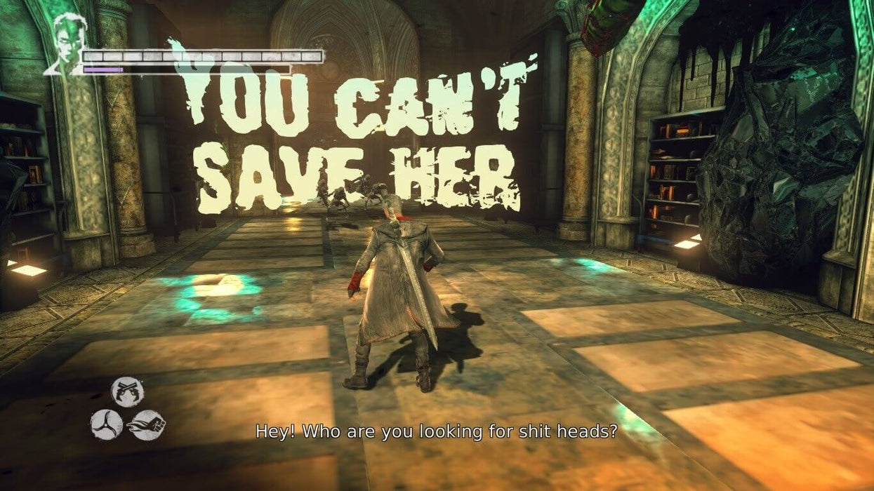 gameplay screenshot -  Dark Hallway Battle – A dramatic in-game moment in DmC: Devil May Cry where Dante stands in a shadowy hallway with eerie text on the wall stating, "You Can't Save Her." An intense atmosphere with combat-ready enemies awaits. Buy your Steam CD key at RushGame.co.