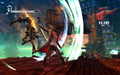 Gameplay Combat – Intense action scene from DmC: Devil May Cry showing Dante mid-combat, swinging his sword at a demonic enemy with a glowing energy trail. Score and combo details are displayed on the screen. Buy the game key at RushGame.co.