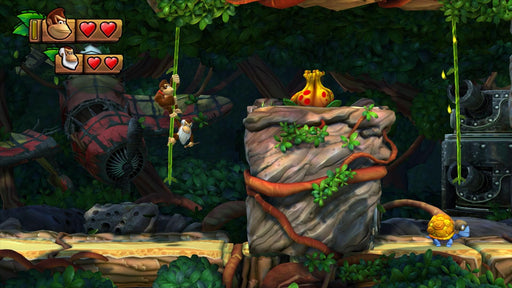 Gameplay screen - Donkey Kong and Cranky Kong navigating through a jungle environment, climbing vines near an old airplane wreckage in Donkey Kong Country: Tropical Freeze for Nintendo Switch. Buy your game key now at RushGame.co.