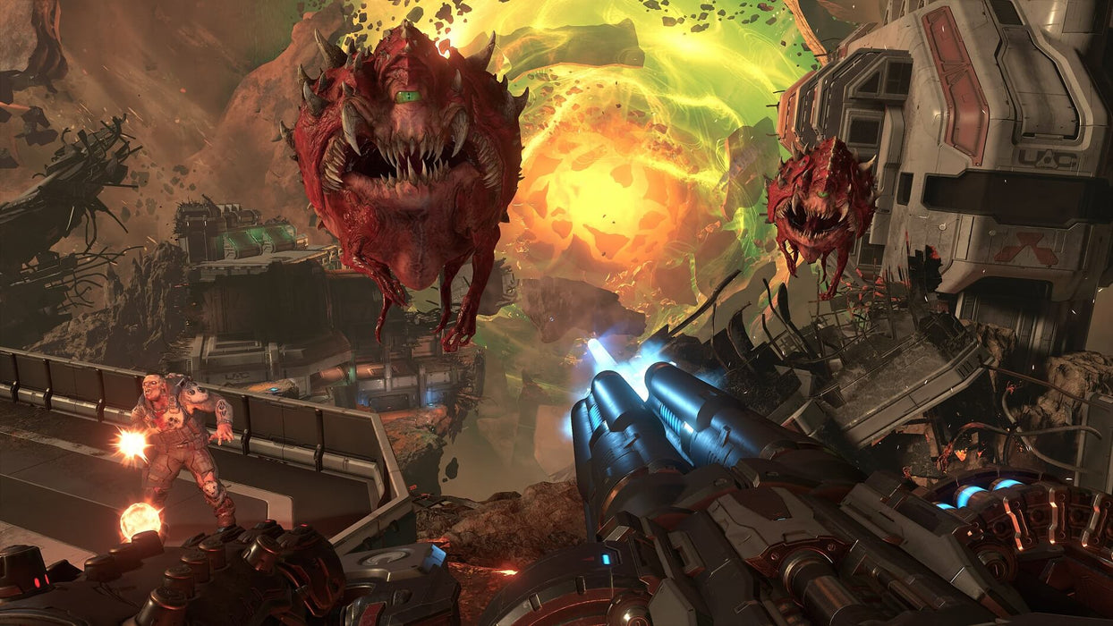Screenshot from DOOM Eternal Deluxe Edition on PC, showcasing the Doom Slayer wielding a massive weapon in a high-tech, war-torn environment. Purchase your Steam CD Key instantly at RushGame.co and unleash hell on your enemies