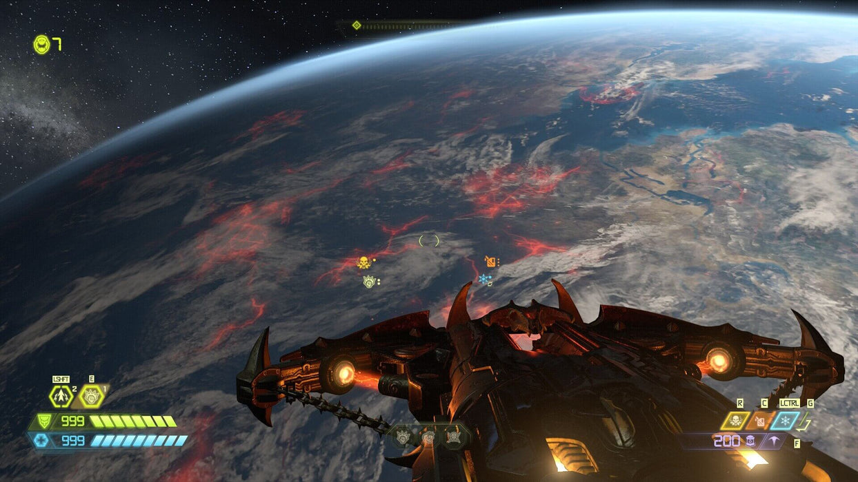 gameplay screenshot - A breathtaking view from DOOM Eternal on Nintendo Switch, showcasing a spaceship overlooking a burning Earth. Fight to save humanity—buy your DOOM Eternal Nintendo Switch digital key at RushGame.co for immediate activation