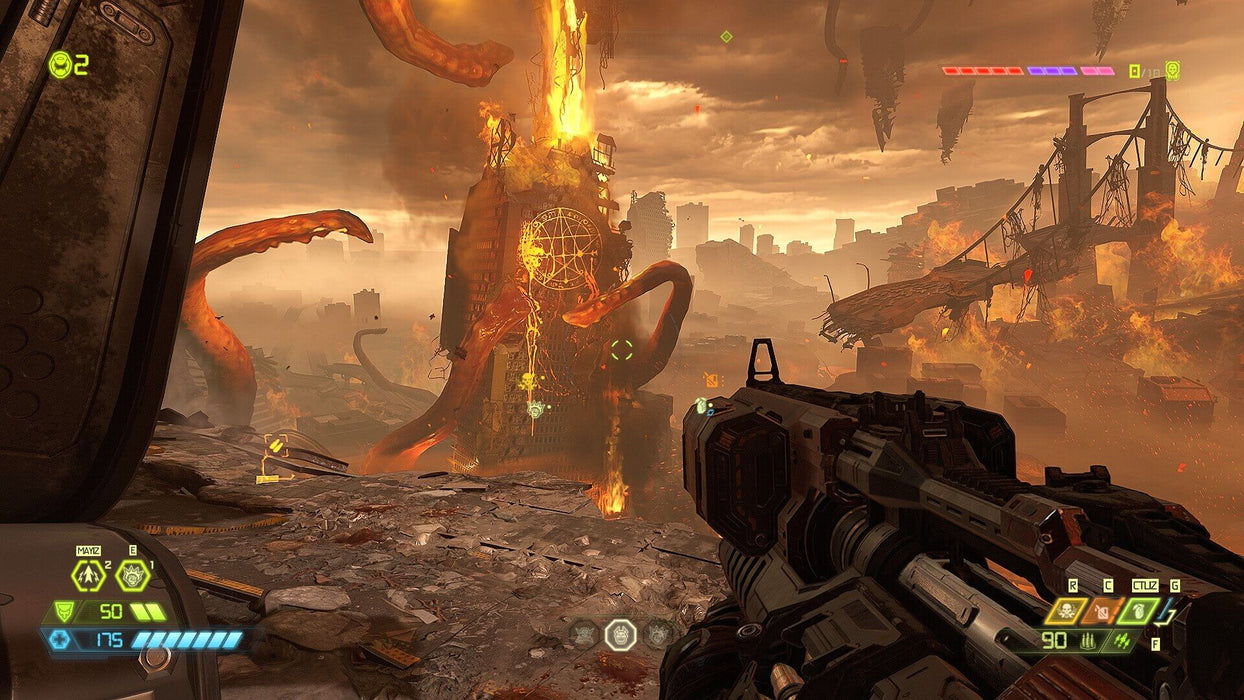 Gameplay screenshot - intense combat scene from DOOM Eternal on Nintendo Switch, depicting a first-person shooter perspective in a destroyed city overrun by demonic creatures. Get your DOOM Eternal CD Key now at RushGame.co and unleash chaos on the battlefield