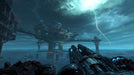 Gameplay screen - Atmospheric scene from DOOM Eternal on PC Steam, featuring a massive offshore facility under a dark stormy sky with lightning illuminating the clouds. The Doom Slayer readies a futuristic heavy weapon for battle. Purchase your digital game key instantly at RushGame.co