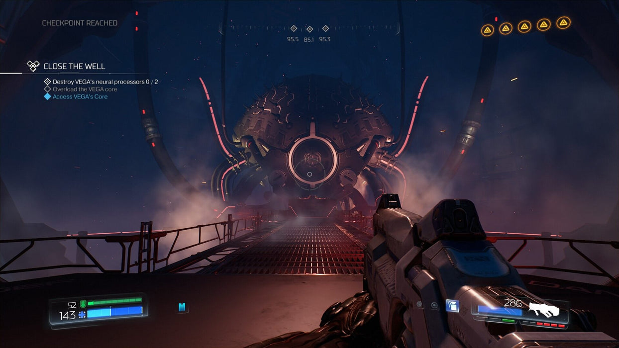 Gameplay screenshot from DOOM on PC Steam, where the player advances toward a massive, glowing core in a dark industrial setting. Fight through intense sci-fi horror—get your DOOM CD Key for Steam at RushGame.co today