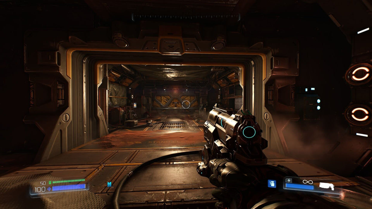 Game screenshot - A first-person perspective from DOOM on PC Steam, showcasing a futuristic industrial corridor with an armed player ready for combat. Unleash hell and grab your DOOM Steam CD Key at RushGame.co for immediate activation