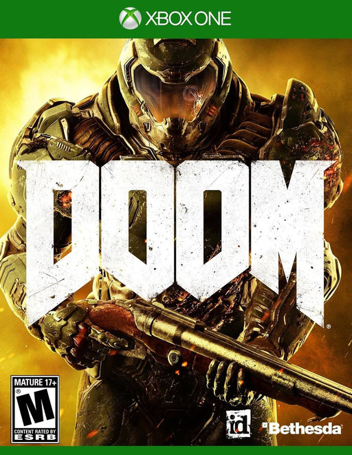 Cover art for DOOM on Xbox One, featuring the Doom Slayer in battle-ready armor against a fiery background. Buy your DOOM Xbox One CD Key US at RushGame.co for instant digital delivery and adrenaline-fueled FPS action