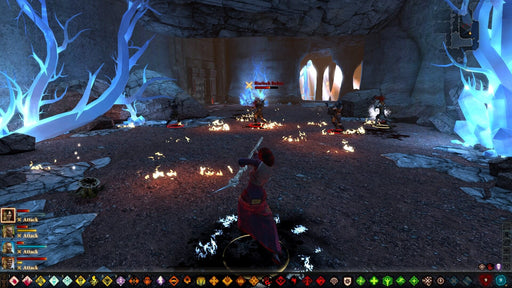 Mage Battling Darkspawn - Dragon Age 2 Ultimate Edition PC Gameplay screenshot - A powerful mage fights against Hurlock enemies in Dragon Age 2 Ultimate Edition on PC EA Play, surrounded by magical flames and icy terrain. Lead your party to victory—buy your Dragon Age 2 Ultimate Edition PC CD Key at RushGame.co today