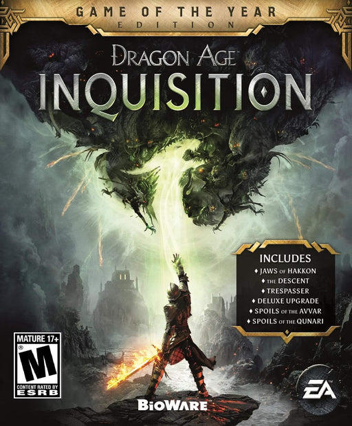 Cover art for Dragon Age: Inquisition Game of the Year Edition on PC EA Play, featuring a warrior raising a glowing magical hand toward dark creatures in the sky. Buy your Dragon Age: Inquisition PC EA Play CD Key at RushGame.co for instant digital activation