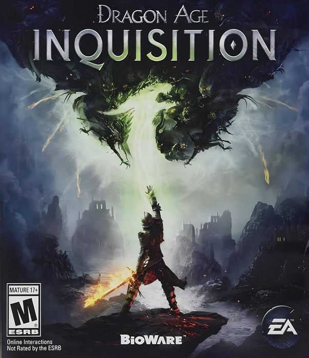 Official cover art for Dragon Age: Inquisition on PC, featuring the Inquisitor raising a glowing weapon against a dark, monstrous rift in the sky. Get your Dragon Age: Inquisition PC EA Play CD Key instantly at RushGame.co and embark on an epic fantasy adventure