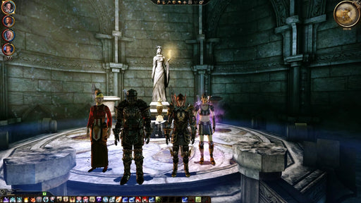 Gameplay screenshot - A party of adventurers stands before a grand statue in a circular temple chamber in Dragon Age: Origins, bathed in mystical light. Unravel ancient secrets—get your Dragon Age: Origins PC Steam CD Key now at RushGame.co