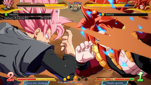 Gameplay screen - Intense battle scene in DRAGON BALL FIGHTERZ featuring Goku Black and Gogeta SS4 clashing in a high-speed fight. Experience thrilling anime-style combat—buy your FighterZ Pass 2 Xbox One CD Key US now at RushGame.co