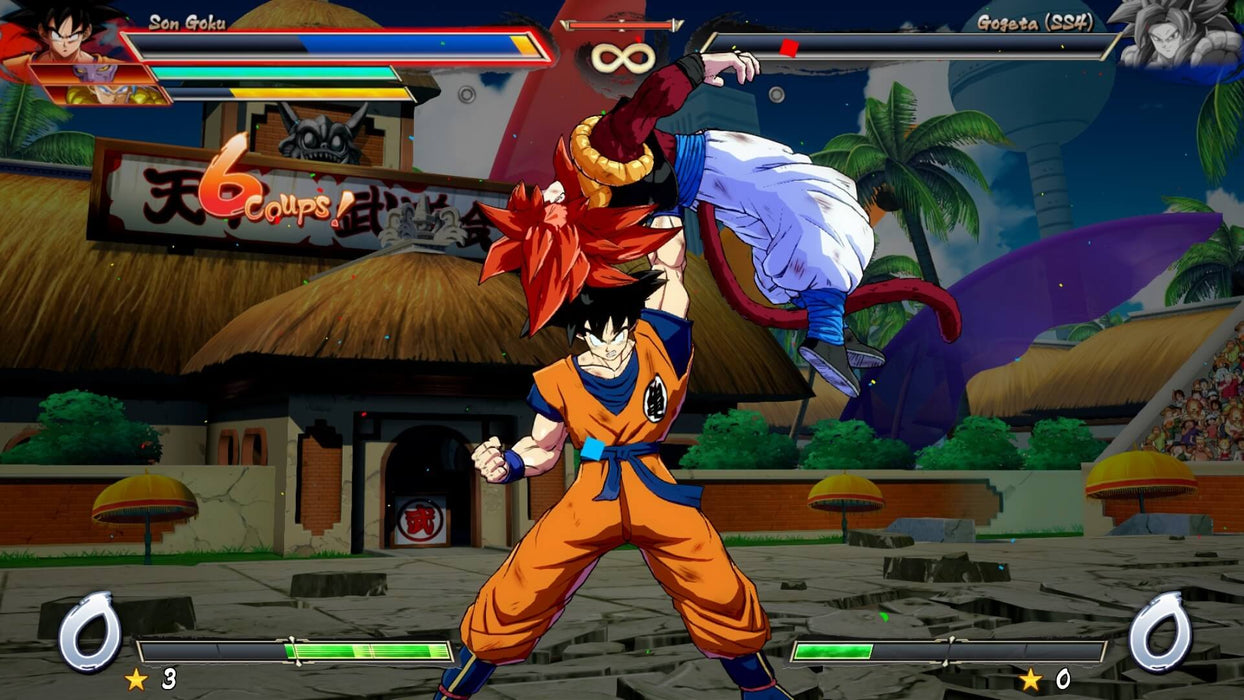 Gameplay screenshot - An action-packed battle scene featuring Goku and Gogeta in Dragon Ball FighterZ. Secure your Steam CD key for PC at RushGame.co for instant access
