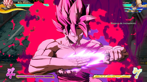 Screenshot of Goku Black's battle in DRAGON BALL FighterZ on Xbox One – Goku Black in his pink-haired form prepares a powerful Ki attack, enveloped in a dark aura. The intense visual effects highlight the energy of the fight. Get your copy at RushGame.co