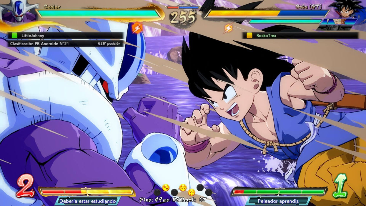 Goku GT vs. Cooler battle in DRAGON BALL FighterZ on Xbox One – An intense fight scene where young Goku GT delivers a punch against Cooler. Both warriors are surrounded by energy effects. Check out DRAGON BALL FighterZ for Xbox One at RushGame.co